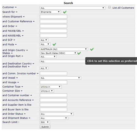 Search screen on communicator - Freight Forwarding Software